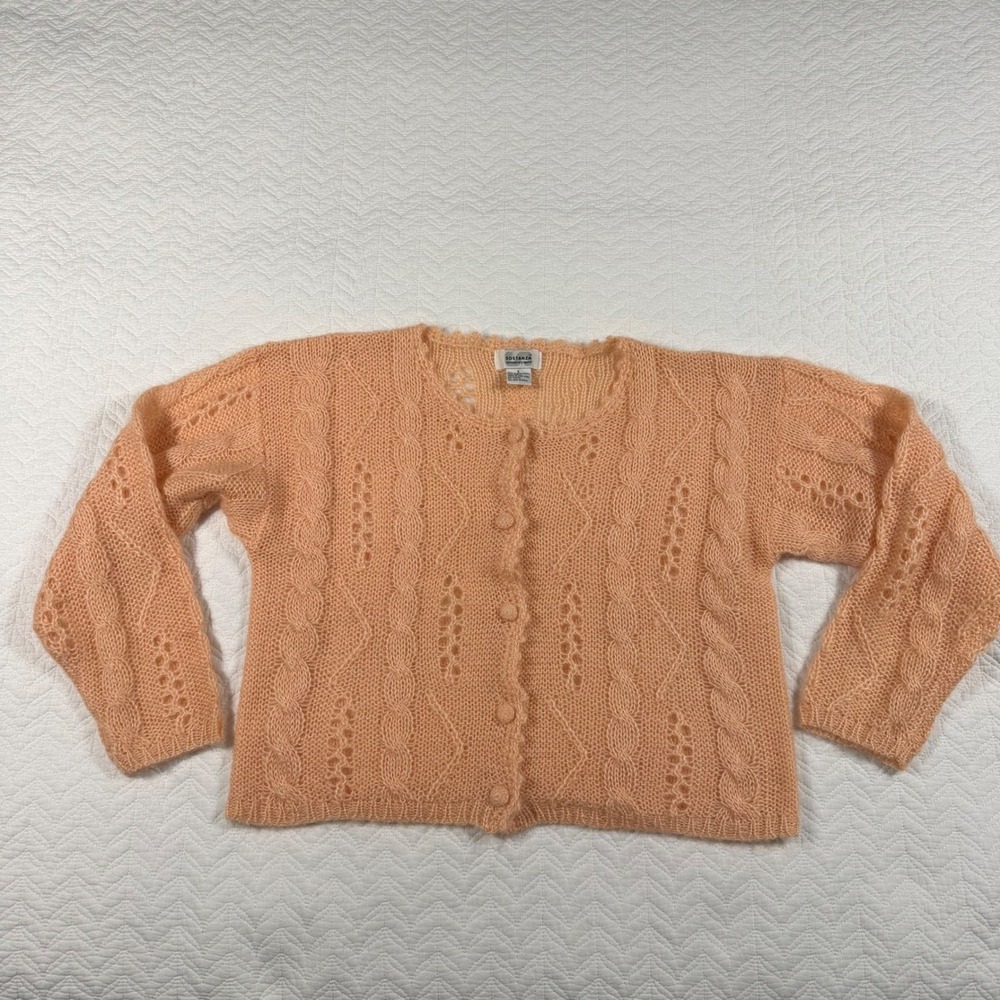 VTG 90s Sostanza Peach Mohair Blend Cable Knit Pointelle Cardigan Sweater Wmns S
